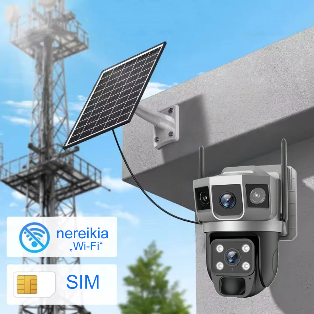 Belaidė 4G kamera su signalizacija, matosi išorinė kamera su judesio jutikliu ir signalizacijos įtaisu.