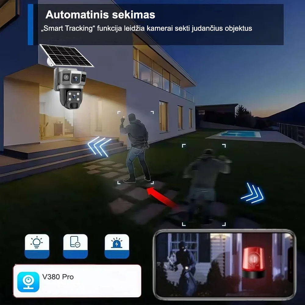 Belaidė 4G kamera su signalizacija, matoma iš priekio, su judesio jutikliu ir montavimo laikikliu, skirta stebėjimui.