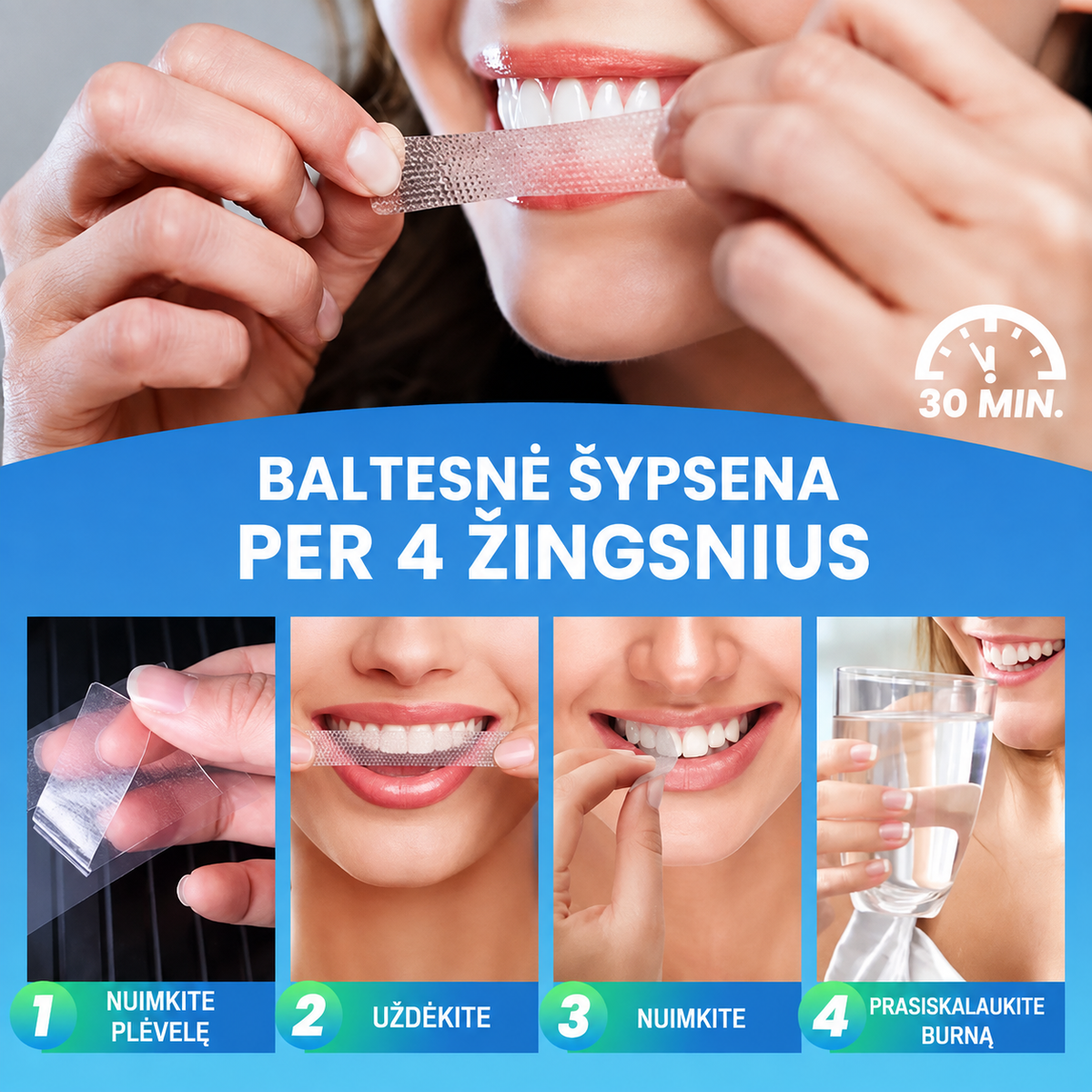 Dantų balinimo juostelės Lektro.lt, 7 poros, 14 vienetų, baltos spalvos, su juostelėmis, skirtos dantų šviesinimui.