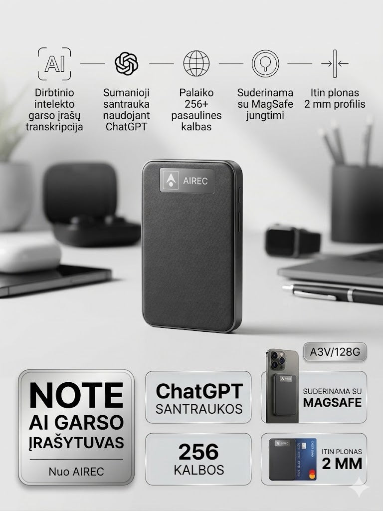 Dirbtinio intelekto diktofonas Lektro.lt, kompaktiškas ir modernus įrenginys garso įrašymui.