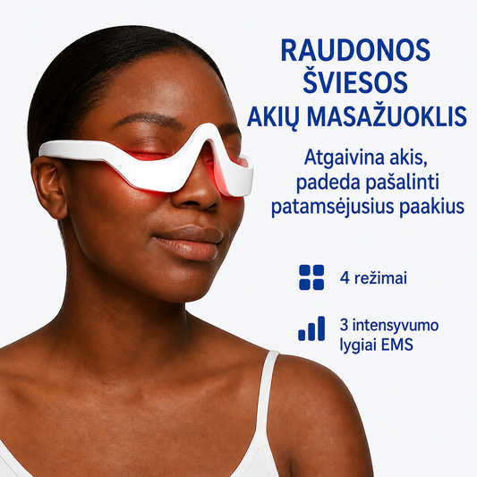 Raudonūjų spindulių terapijos akiniai paakių maišeliams mažinti, juodi, su reguliuojamu dirželiu, medicininio dizaino.