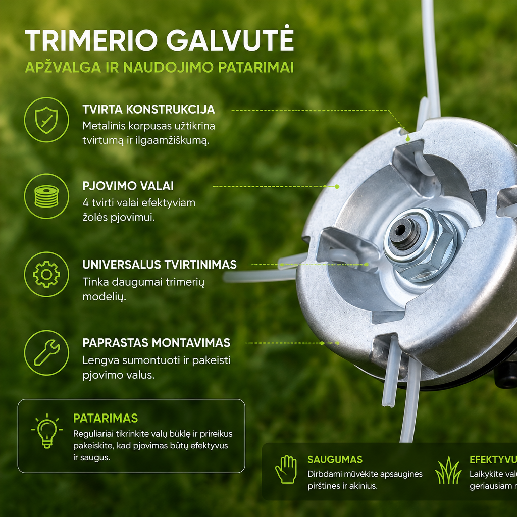 Lektro.lt žolės pjovimo trimerio galvutė, skirta žolei pjauti, su ašmenimis ir tvirtinimo mechanizmu, matoma iš arti
