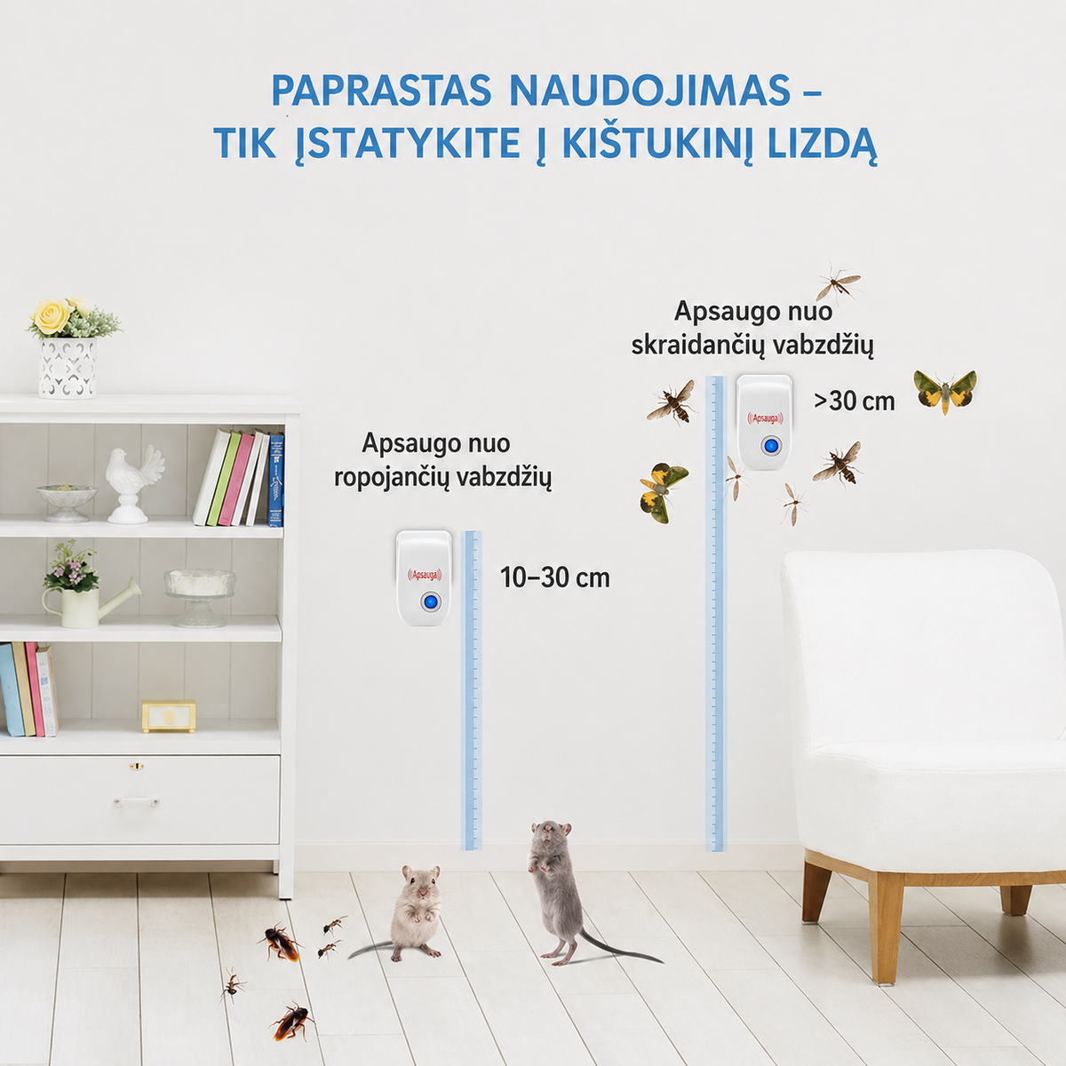 Ultragarsinis graužikų ir vabzdžių atbaidymo aparatas su LED indikatoriumi, veiksmingai saugo namus nuo kenkėjų.