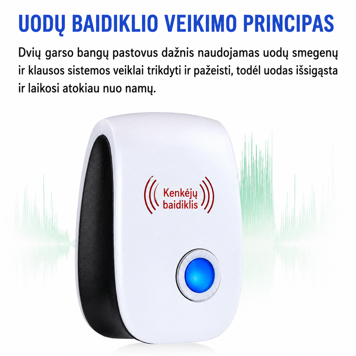 Ultragarsinis graužikų ir vabzdžių atbaidymo aparatas Lektro.lt, matomas iš arti, su įjungimo mygtuku ir LED indikatoriais.