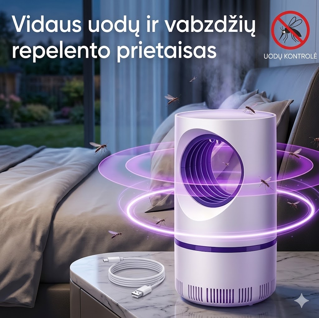 Lempa uodų naikinimui su LED apšvietimu, skirta efektyviam uodų gaudymui ir naikinimui namuose.