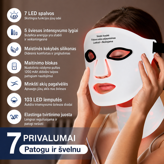Silikoninė LED veido ir kaklo kaukė, šviesos terapijos prietaisas, minkšta ir lanksti odai, su reguliuojamais dirželiais.