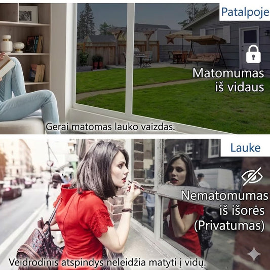 Veidrodinė langų plėvelė Lektro.lt, privatumo ir saulės apsaugos efektas, matomas lango paviršiuje.