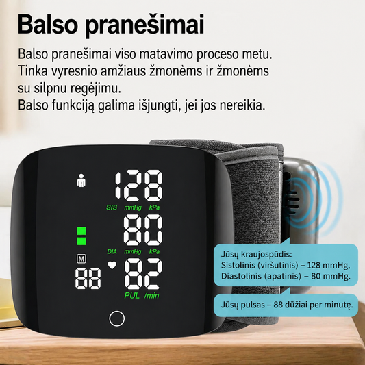 Lektro.lt kraujospūdžio matuoklis su reguliuojamu rankogaliu ir skaitmeniniu ekranu, matuoja kraujo spaudimą.