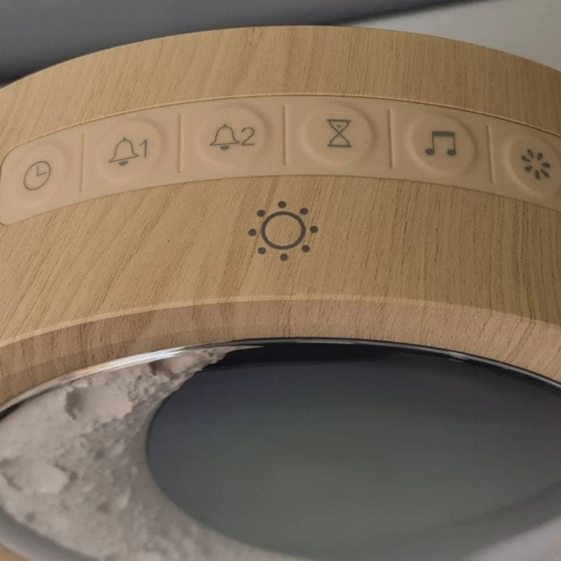 Elektrinis laikrodis-žadintuvas „Moon“ su šviesos funkcija, modernus Lektro.lt žadintuvas su mėnulio dizainu.