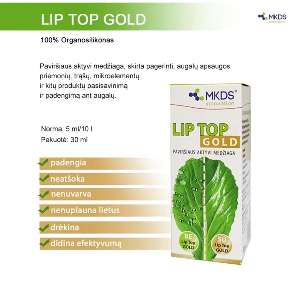Aukso spalvos Lip Top Gold 30 ml priemonė augalų apsaugos produktų efektyvumui didinti, pakuotės vaizdas