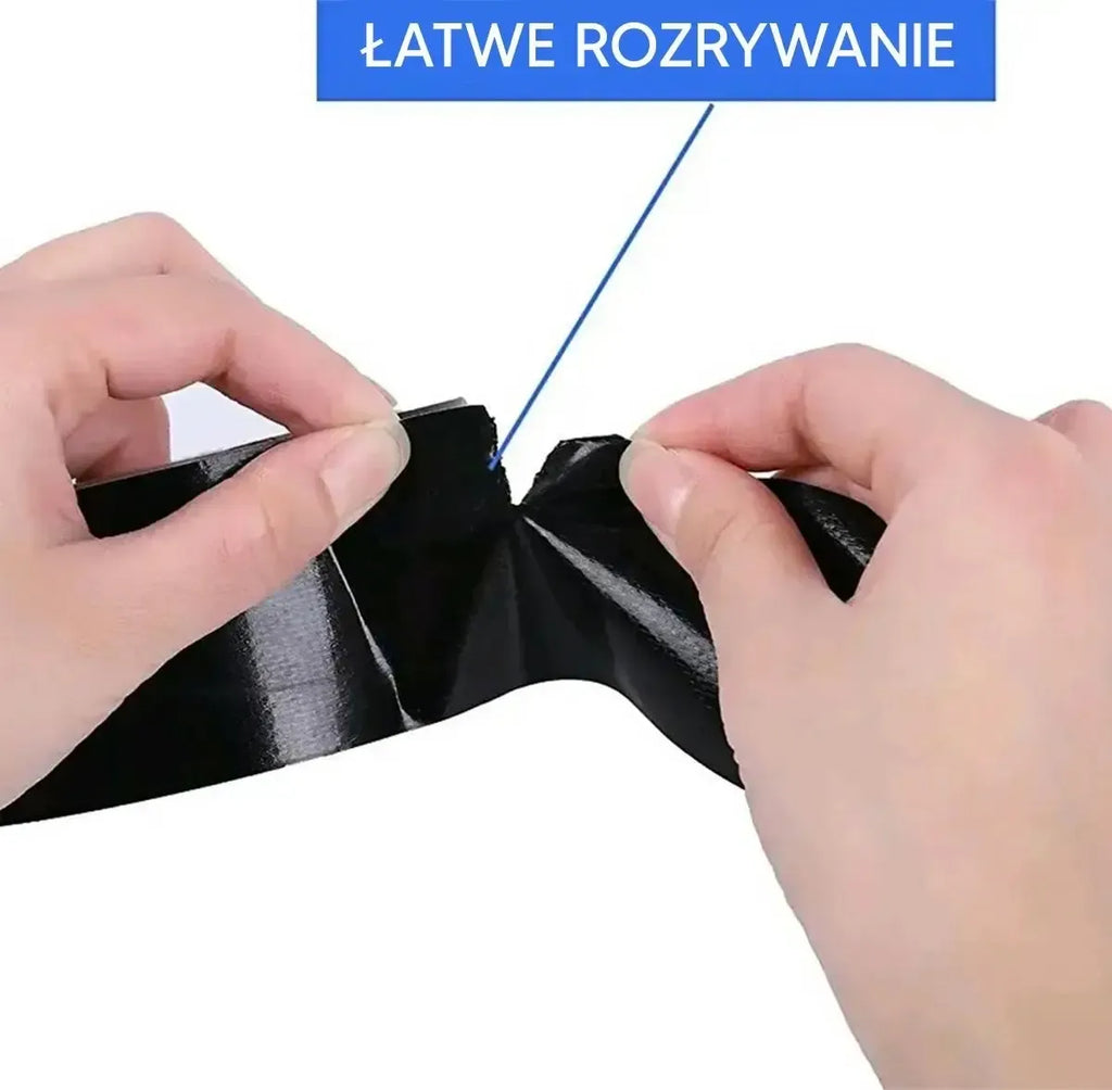Juoda stipri universali lipni juosta, 50 mm pločio ir 10 m ilgio, matoma kaip stipri lipni juosta su juodos spalvos paviršiumi.