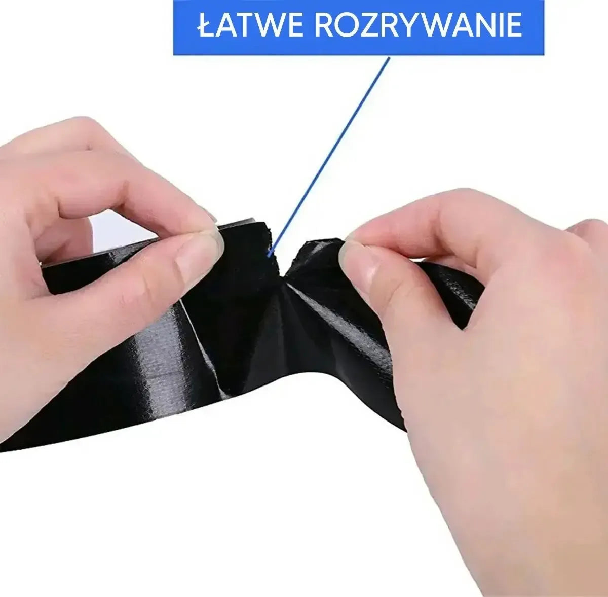 Juoda stipri universali lipni juosta, 50 mm pločio ir 10 m ilgio, matoma kaip stipri lipni juosta su juodos spalvos paviršiumi.