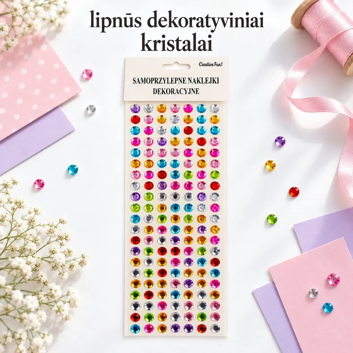 Lipnūs dekoratyviniai kristalai įvairiaspalviai, blizgūs ir spalvingi, skirti papuošimams ir rankdarbiams.