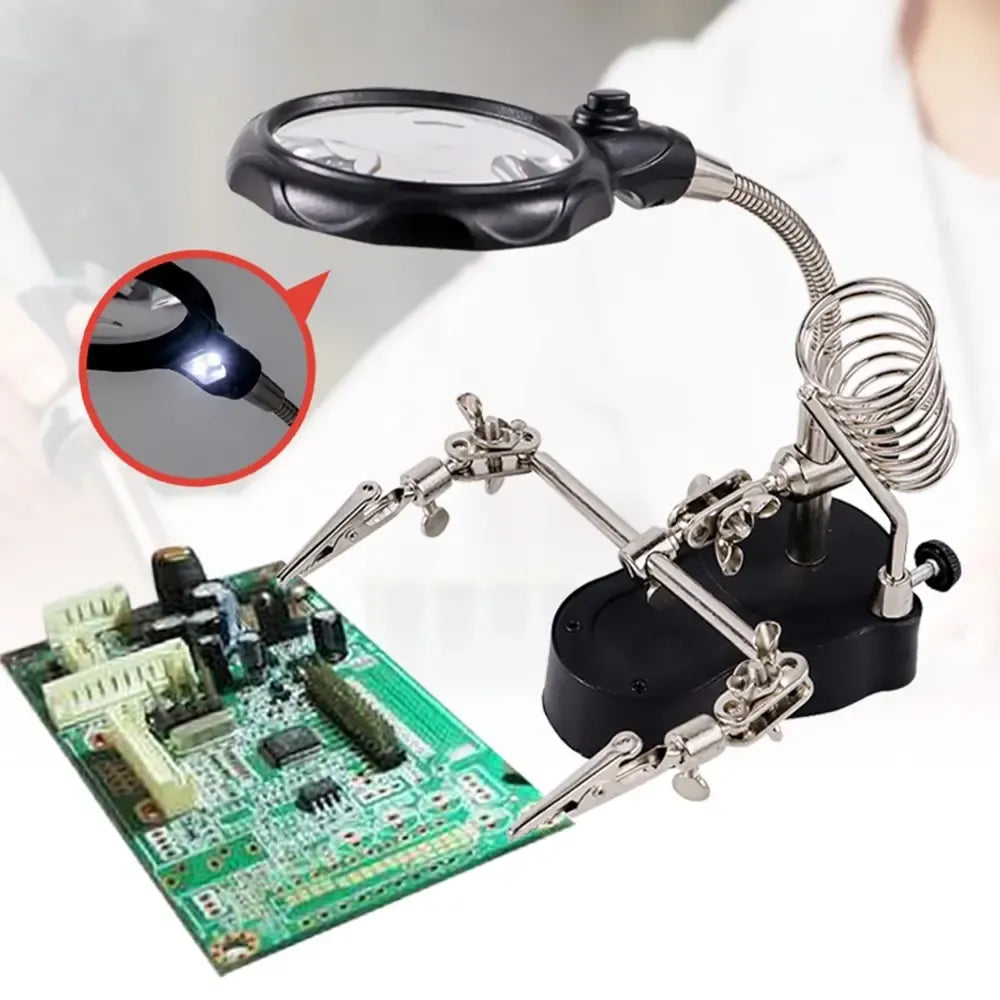 Lituoklio stovas su lupa ir LED apšvietimu, tinka tiksliems suvirinimo darbams ir geresniam matomumui.