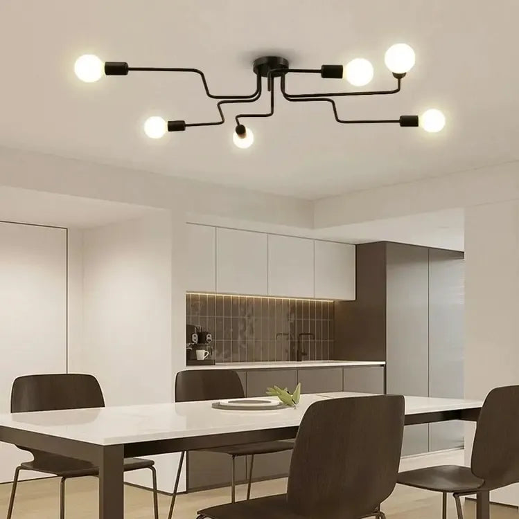 Loft stiliaus lubinis šviestuvas su 6 E27 lizdais, baltas metalinis dizainas, modernus apšvietimo sprendimas gyvenamajai erdvei