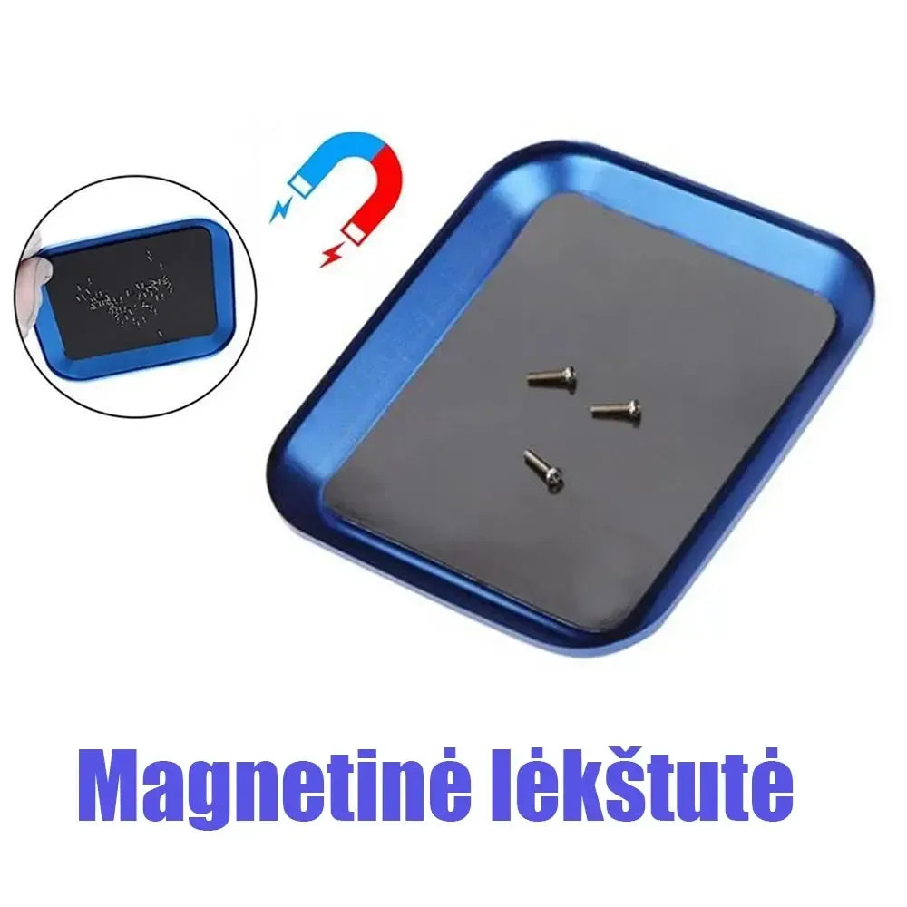 Aliuminė magnetinė lėkštutė įrankiams, tinkama tvirtinti ir organizuoti mažus įrankius ar detales, matoma su magnetine paviršiaus dalimi.