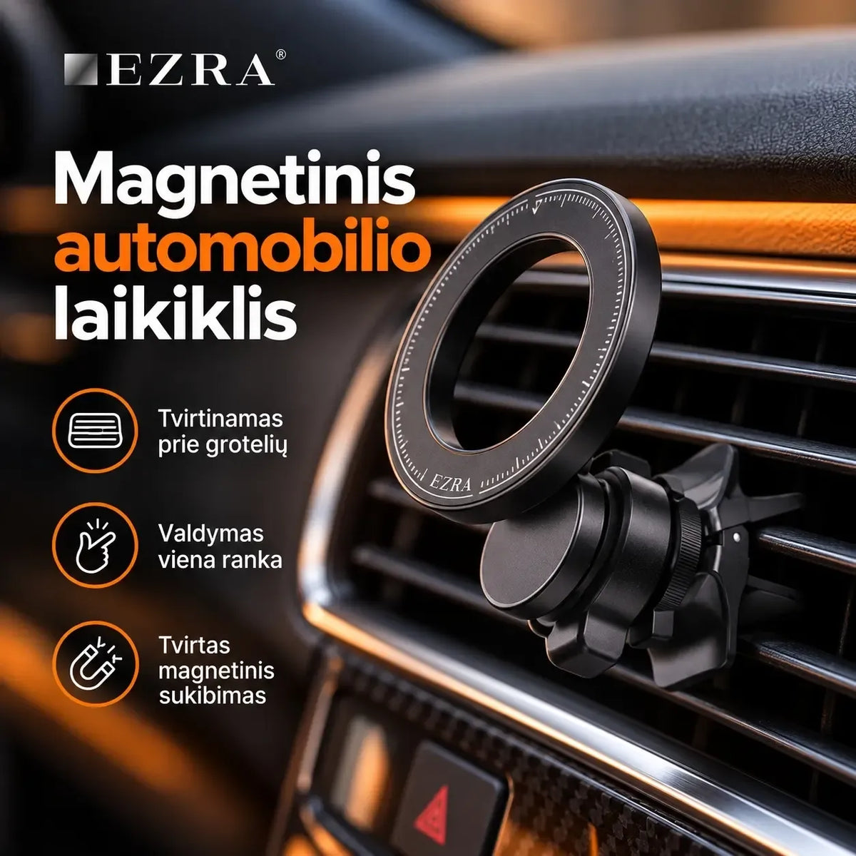 Magnitinis automobilinis telefono laikiklis EZRA HL144, tvirtai laikantis išmanųjį telefoną automobilyje, juodas.