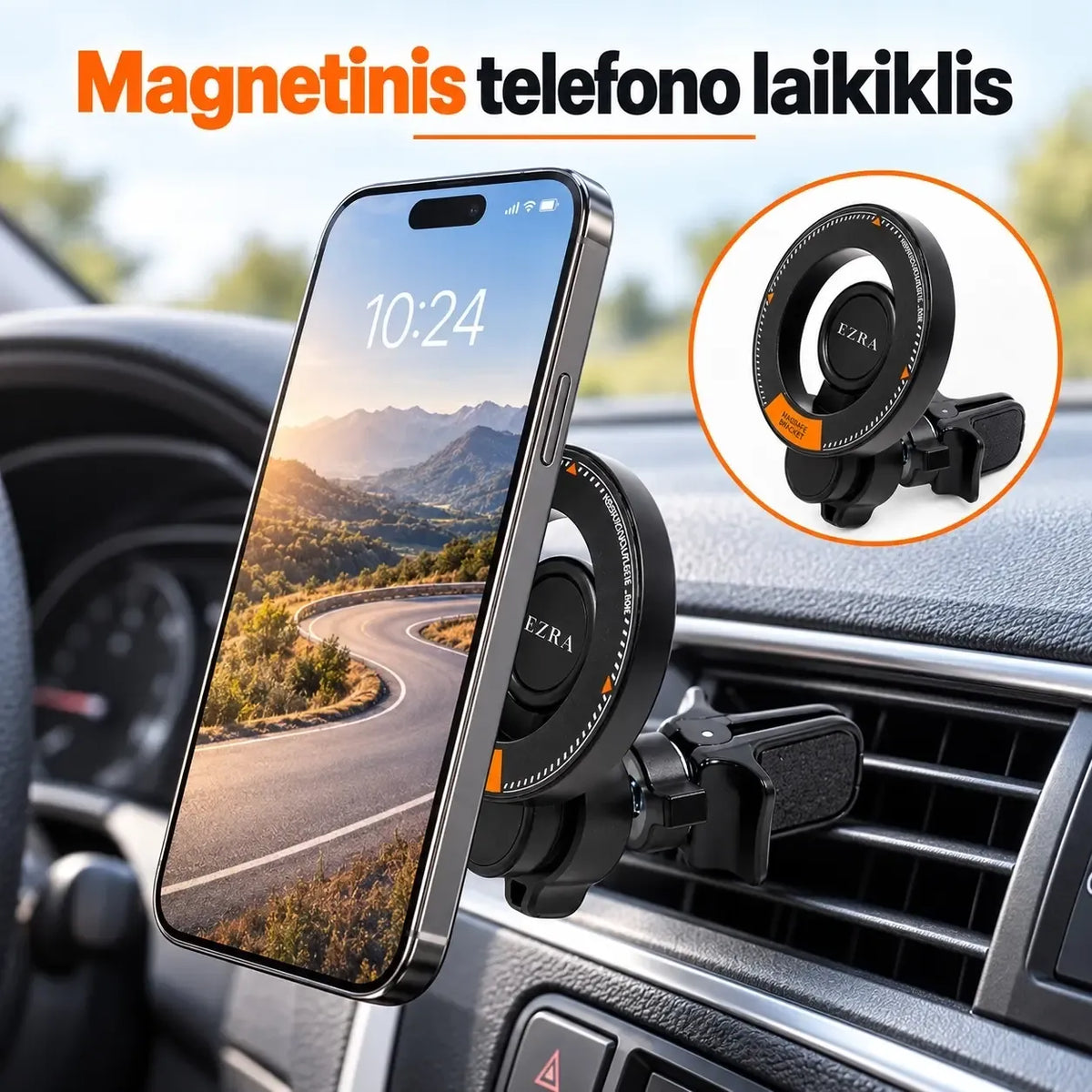 Magnetinis automobilinis telefono laikiklis EZRA HL144, sidabrinis, tvirtinamas prie ventiliacijos grotelių, su magnetine telefono atrama.