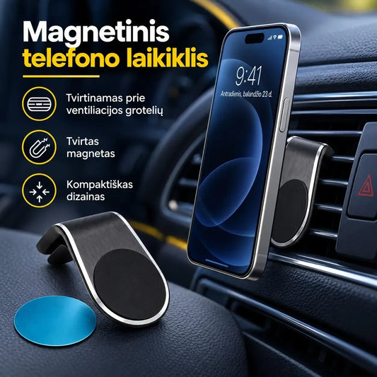 Magnetinis automobilinis telefono laikiklis TR2478, tvirtai laikantys telefoną prie automobilio ventiliacijos grotelių, juodas.