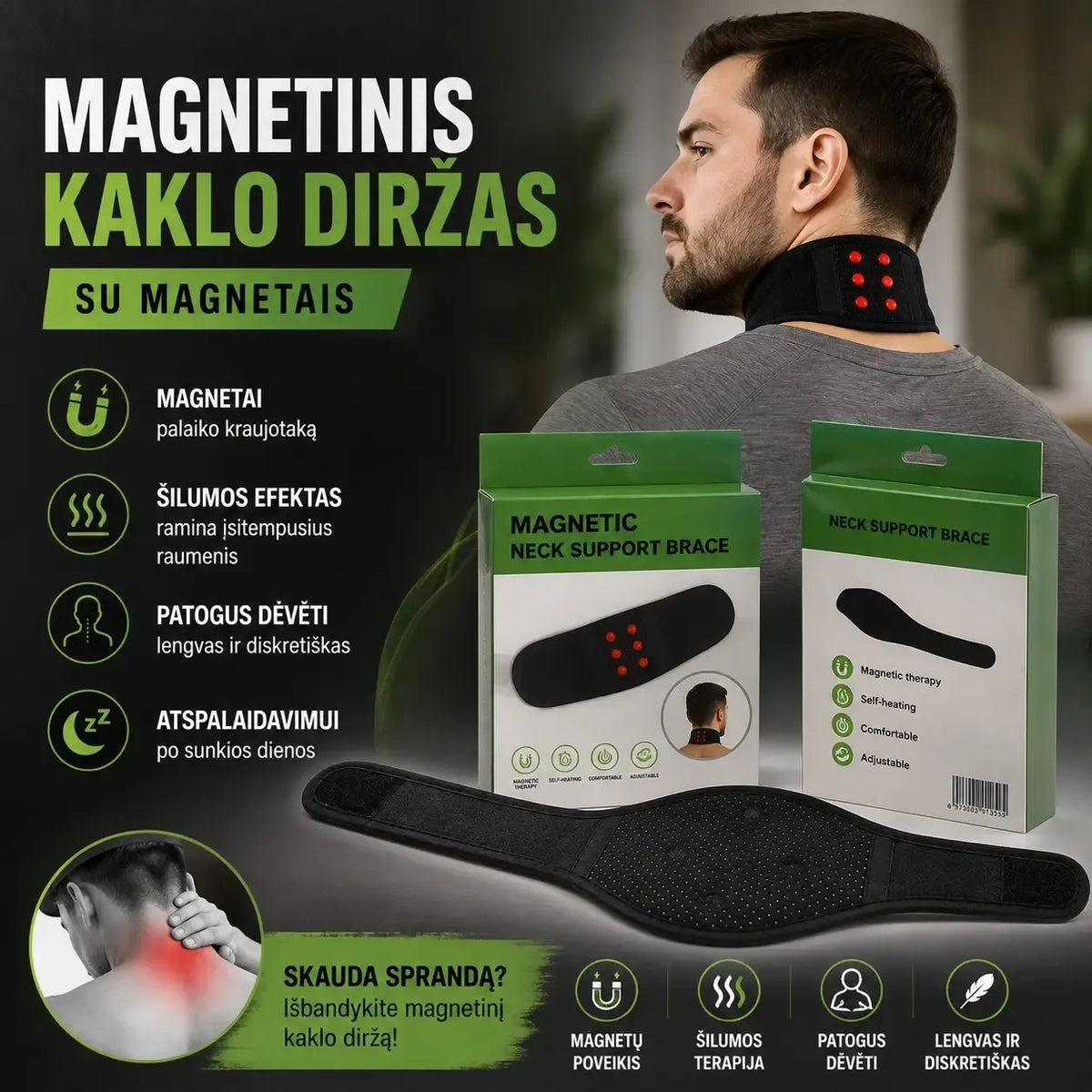Magnetinis kaklo diržas su turmalinu, su magnetais ir natūralių akmenų detalėmis, skirtas komfortui ir sveikatai.