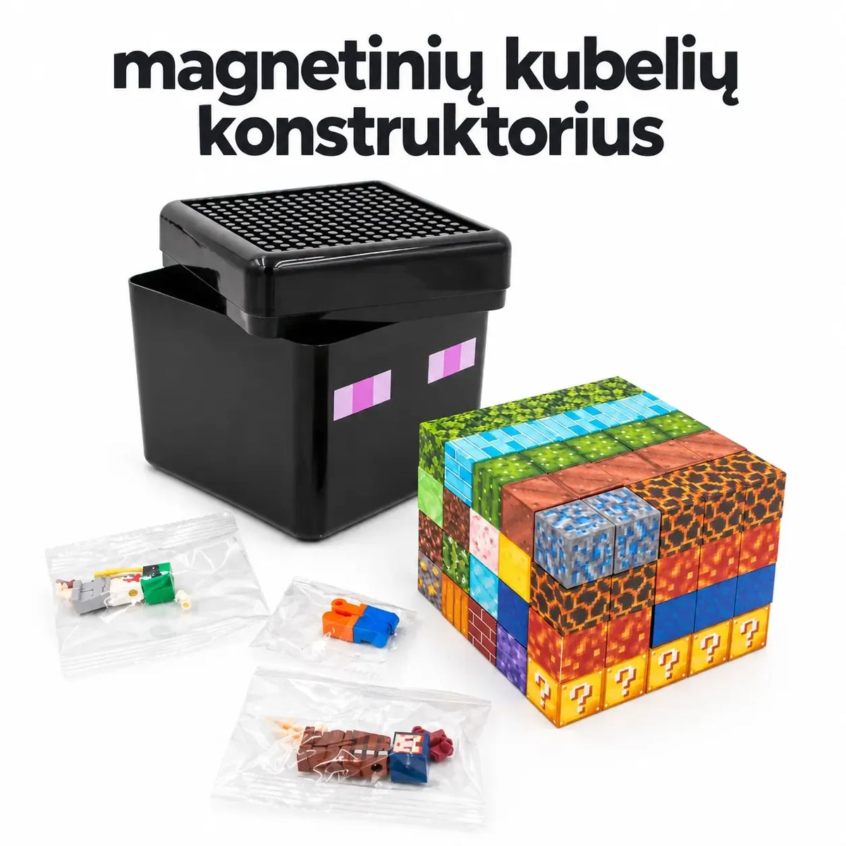 Magnetinis „Minecraft“ tipo konstruktorius kvadratinėje dėžutėje, spalvoti magnetiniai elementai vaikų žaidimams ir kūrybai.
