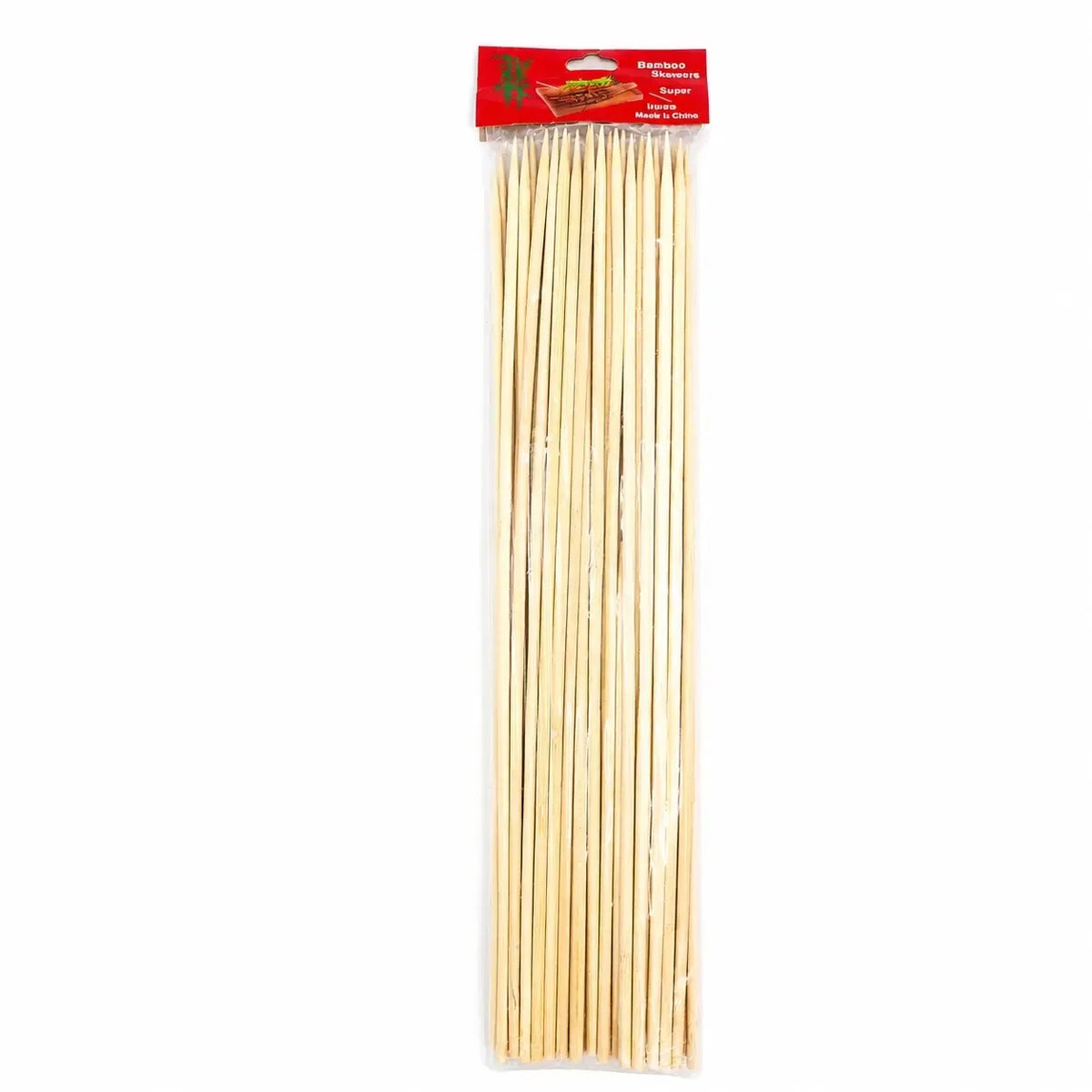 Mediniai iešmeliai 40 cm, 200 vnt., tinkami kepsniams ir šventėms, natūralios medienos rankenos, patvarūs ir universalūs.