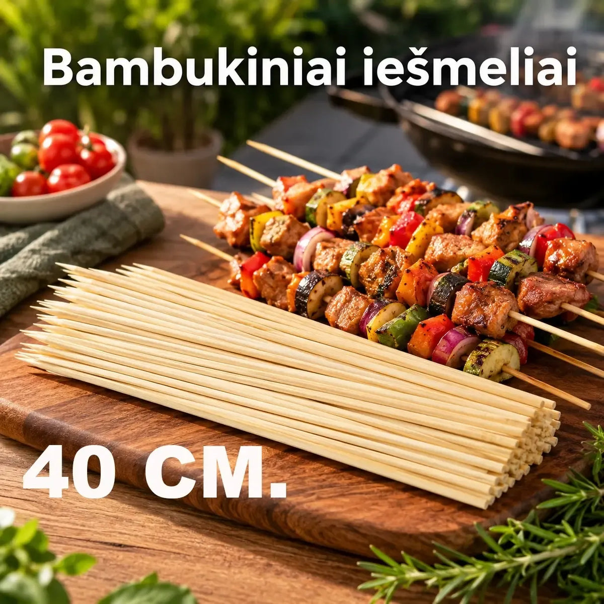 Mediniai iešmeliai 40 cm, 200 vnt., ilgi ir tvirti iešmeliai kepimui ar šašlykams, natūralios medienos spalvos.