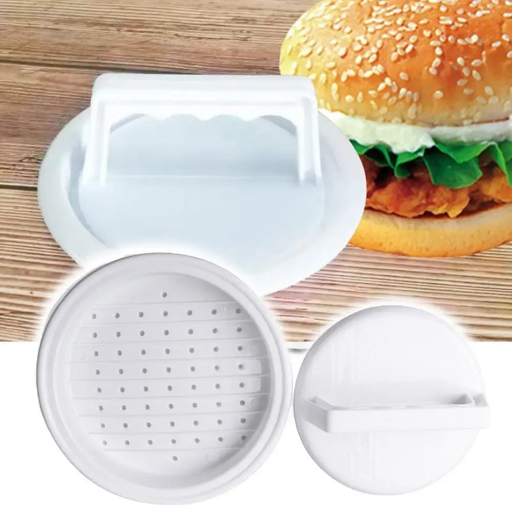 Mėsainių formavimo presas, profesionalus įrankis burgerių formoms gaminti, pagamintas iš tvirto plastiko ir metalo.