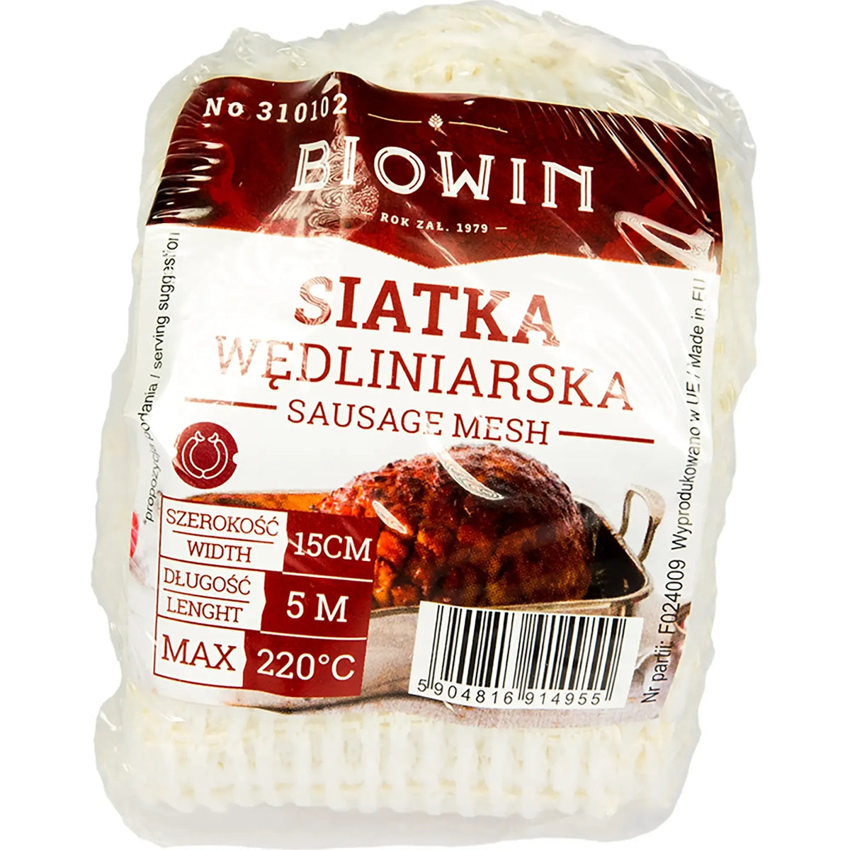 Mėsos tinklelis iki 220°C, 15 cm pločio ir 5 m ilgio, patvarus ir tinkamas kepimui ant grotelių.