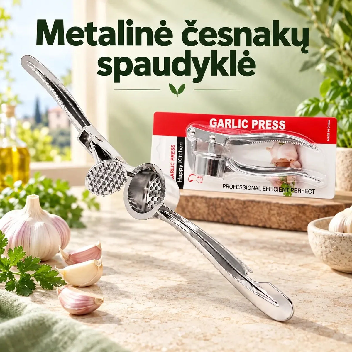 Metalinė česnakų spaudyklė, skirta lengvai smulkinti česnakus virtuvėje, su tvirtomis rankenomis ir patogiu dizainu.
