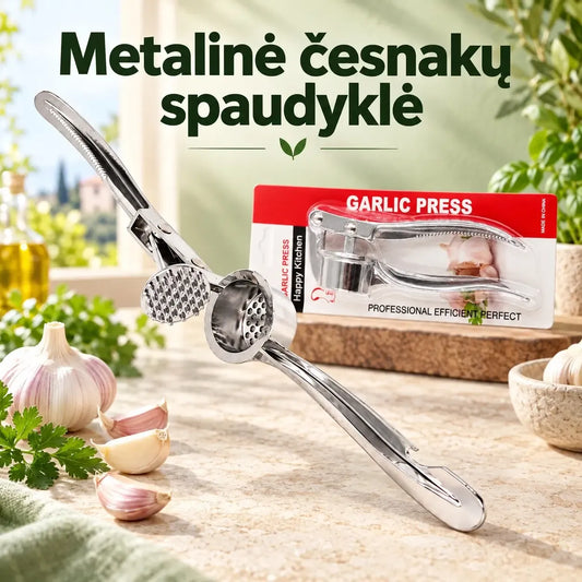 Metalinė česnakų spaudyklė, skirta lengvai smulkinti česnakus virtuvėje, su tvirtomis rankenomis ir patogiu dizainu.