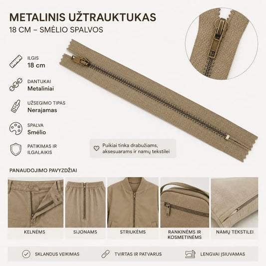 Metalinio užtrauktuko 18 cm smėlio spalvos nuotrauka, tinka drabužiams ir rankinėms, su matomu užtrauktuko dantukų ir rankenėlės detalėmis.