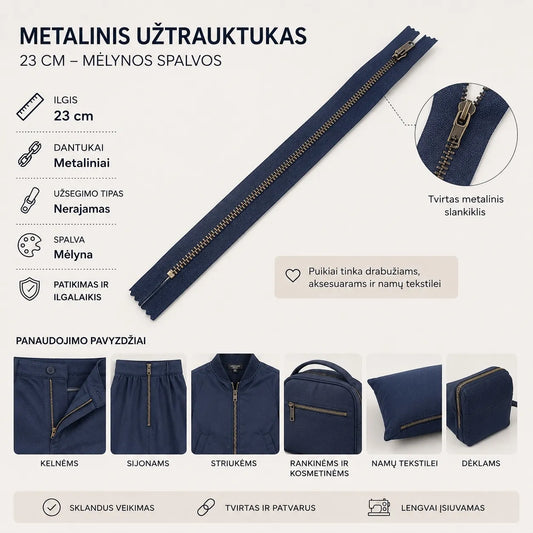 Metalinis užtrauktukas 24 cm – mėlynos spalvos