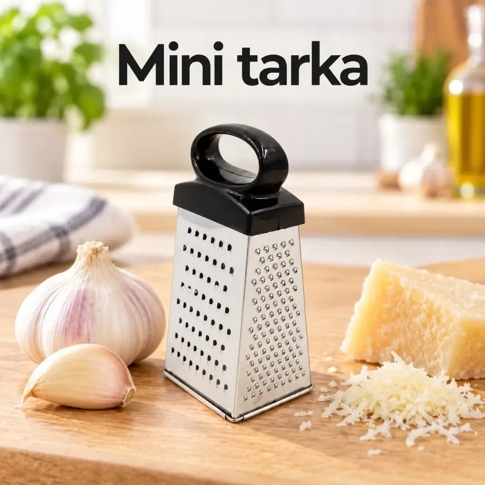 Mini keturių pusių nerūdijančio plieno tarka, kompaktiška virtuvės reikmenys, skirta smulkiam ir stambiam tarkavimui.