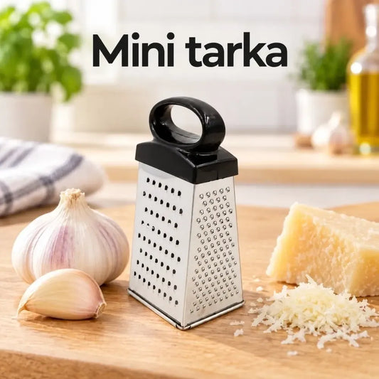Mini keturių pusių nerūdijančio plieno tarka, kompaktiška virtuvės reikmenys, skirta smulkiam ir stambiam tarkavimui.