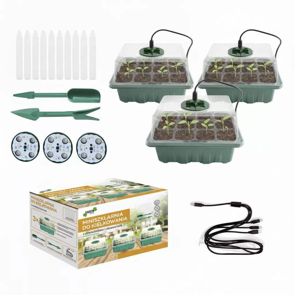 Mini kasvuhoonete komplekt idandamiseks LED-valgustusega – 3 tk.