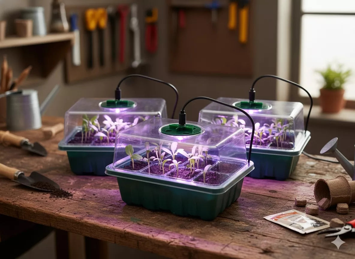 Mini kasvuhoonete komplekt idandamiseks LED-valgustusega – 3 tk.