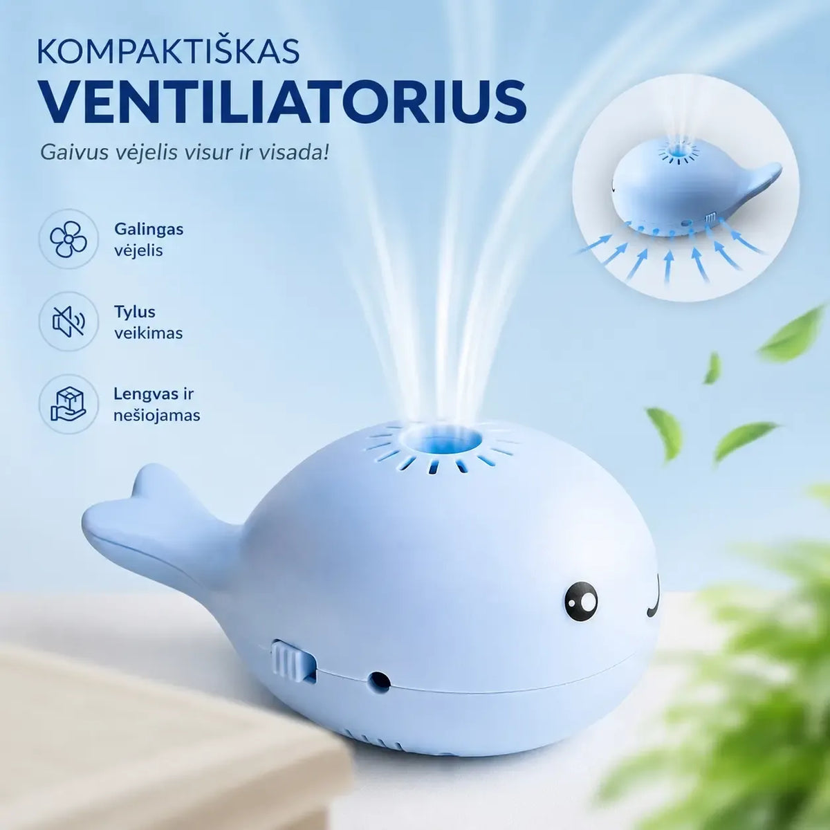 Mėlynas mini ventiliatorius su skraidančiu kamuoliuku, banginio formos žaislas vaikams, įdomus ir švieži vasaros priedas.