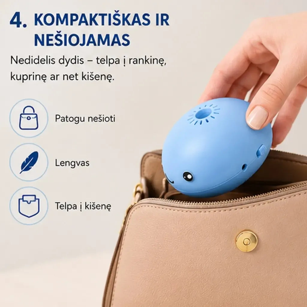 Mini ventiliatorius su skraidančiu kamuoliuku, banginio formos žaislas vaikams, mėlynas, žaismingas ir linksmas.