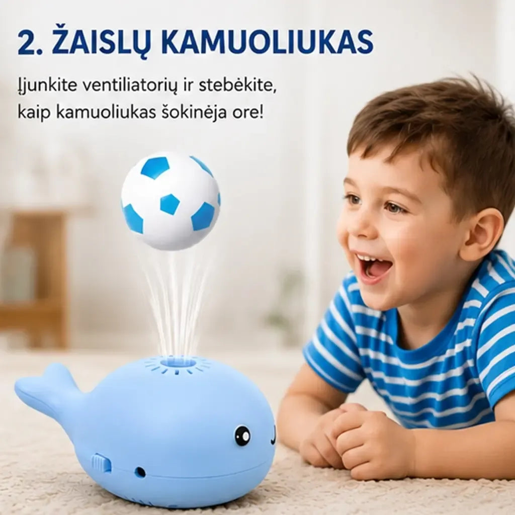 Mini ventiliatorius su skraidančiu kamuoliuku, banginio formos žaislas vaikams, mėlynas, žaismingas ir lengvas.