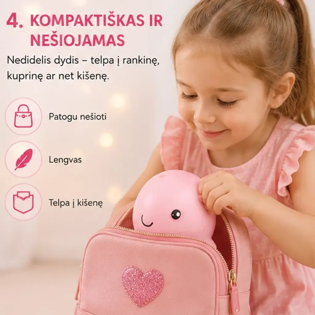 Rožinis mini ventiliatorius Banginis su skraidančiu kamuoliuku, mažas ir žaismingas, puikiai tinka vasaros pramogoms.