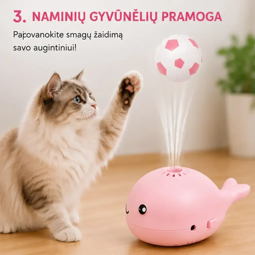 Mini ventiliatorius banginis su skraidančiu kamuoliuku, rožinis, mažas ir žaismingas vasaros oro vėdinimui.
