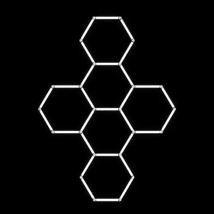 Modulinis lubinis LED šviestuvas „Hexagon“, 220 W, modernus dizainas, baltas apšvietimo įrenginys su šešiakampio formos lemputėmis.