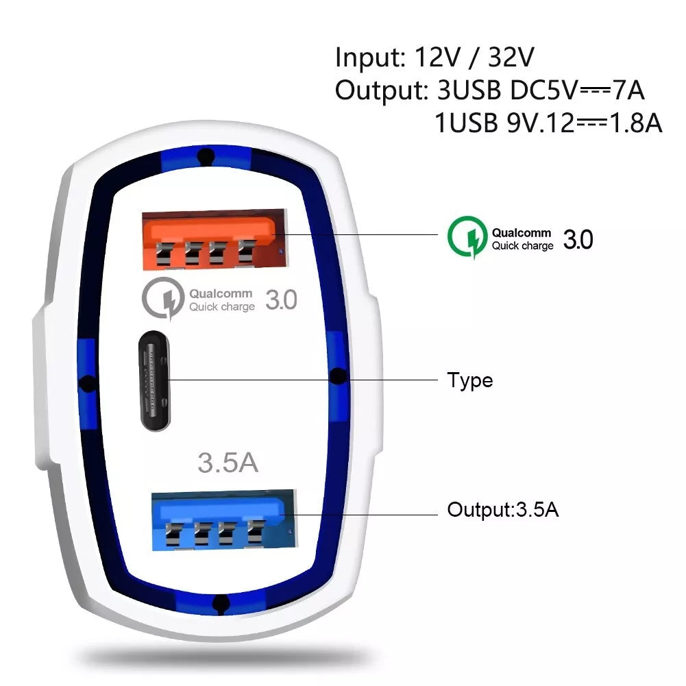 Automobilinis įkroviklis QC 3.0 su Type-C jungtimi, tinka greitam įkrovimui automobilyje.