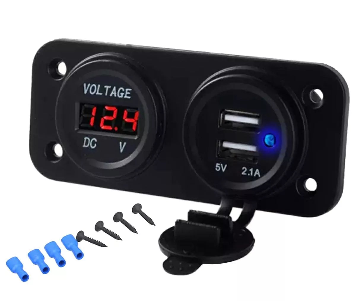 Automobilinis USB įkroviklis su voltmetru ir dviguba USB jungtimi, tvirtinimo lizdas automobiliui.