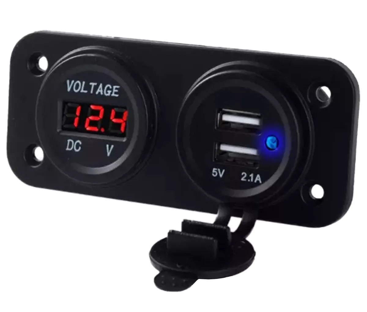 Automobilinis USB įkroviklis su voltmetru ir dviem USB jungtimis, tvirtinimo lizdas automobiliui, juodas.