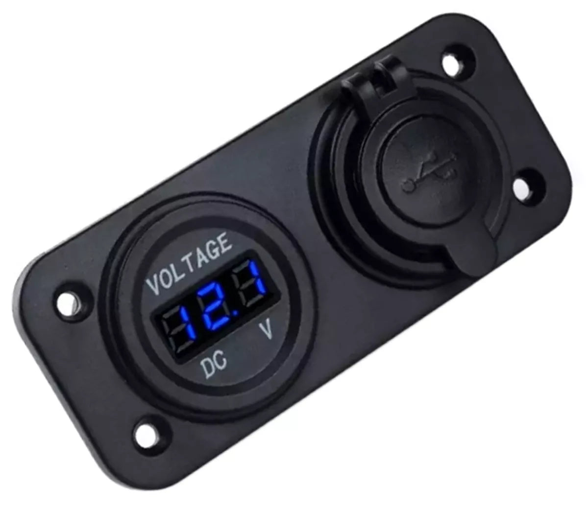 Automobilinis USB įkroviklis su voltmetru ir dviguba jungtimi, tvirtinimo lizdas automobiliui, juodas plastikinis dizainas.