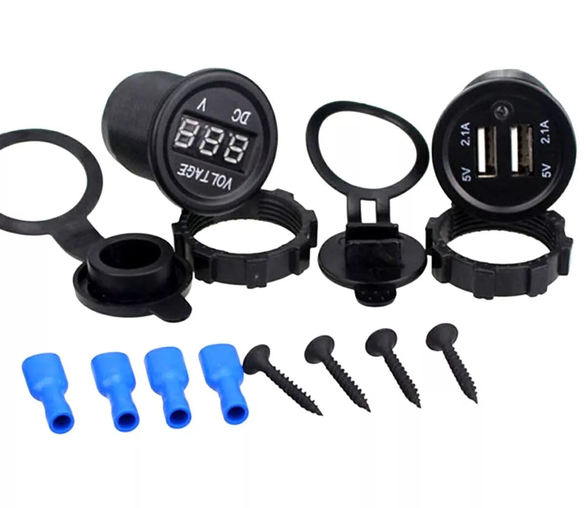 Automobilinis USB įkroviklis su voltmetru ir dviguba jungtimi, tvirtinimo lizdas automobiliui, sidabrinis plastiko korpusas.