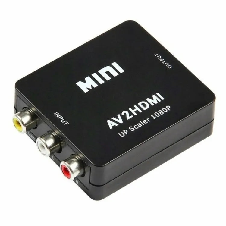 AV į HDMI signalo keitiklis 1080p adapteris, rodomas vaizdas su jungtimis ir kabeliais, skirtas vaizdo konvertavimui.