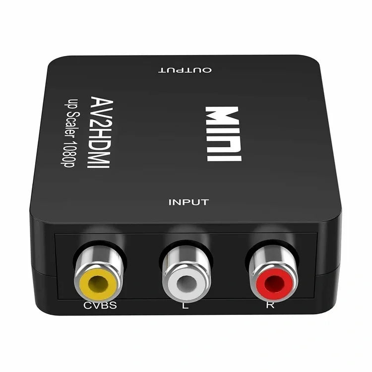 AV į HDMI signalo keitiklis 1080p adapteris, rodomas vaizdas su jungtimis ir veikimo indikatoriais.